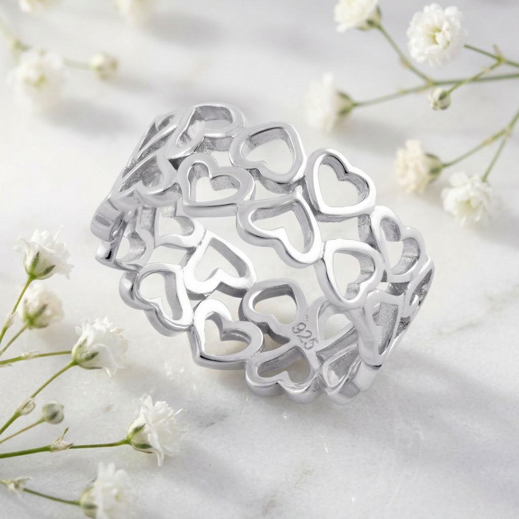 Sterling Silver Wide Open Hearts Eternity Band Ring for Women life1