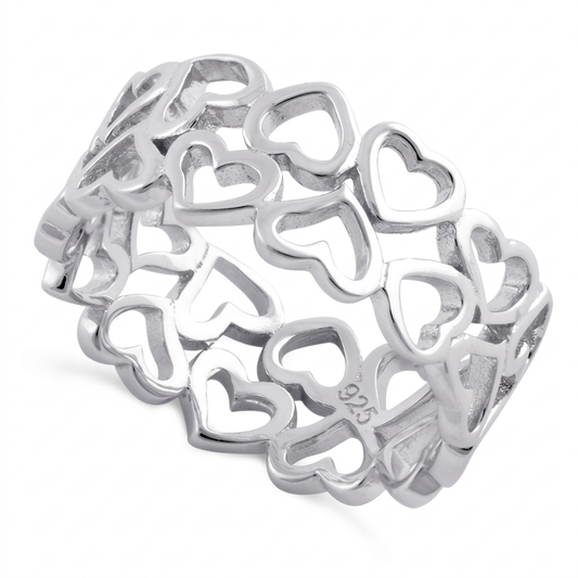 Sterling Silver Wide Open Hearts Eternity Band Ring for Women