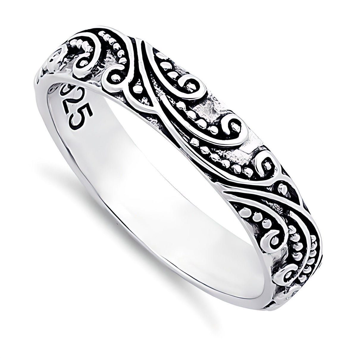 Sterling Silver 4.2mm Oxidized Bali Wave Swirl and Bead Band Ring for Women