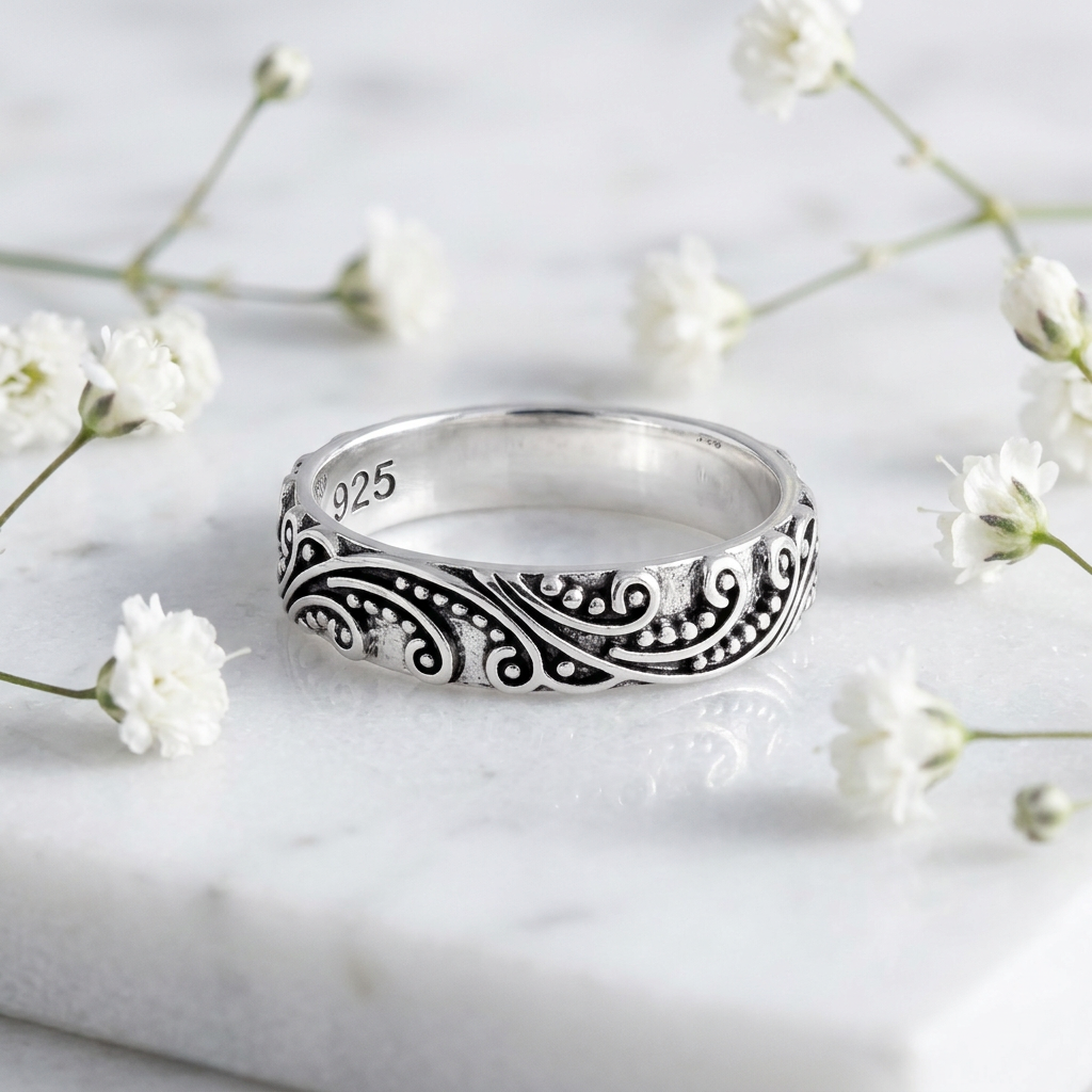 Sterling Silver 4.2mm Oxidized Bali Wave Swirl and Bead Band Ring for Women life1
