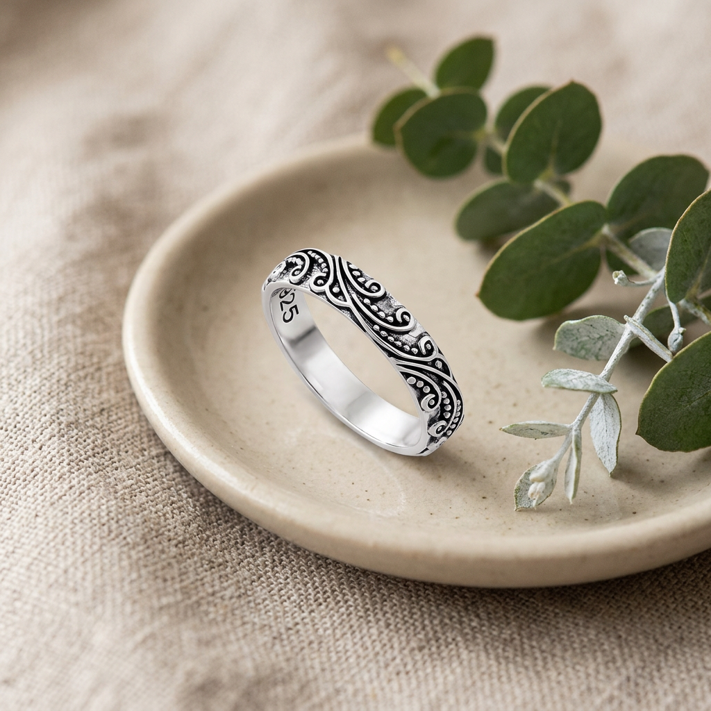 Sterling Silver 4.2mm Oxidized Bali Wave Swirl and Bead Band Ring for Women life2