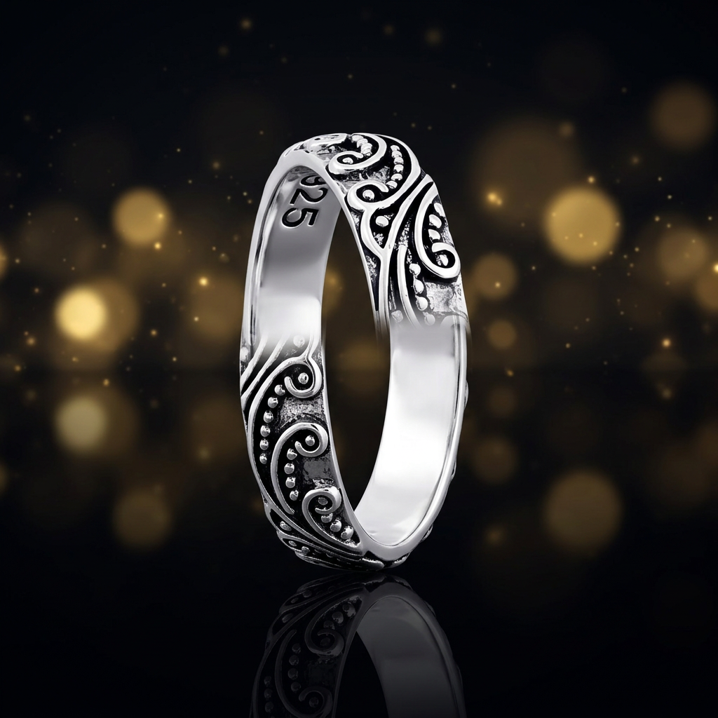 Sterling Silver 4.2mm Oxidized Bali Wave Swirl and Bead Band Ring for Women life4
