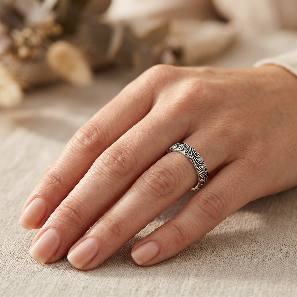 Sterling Silver 4.2mm Oxidized Bali Wave Swirl and Bead Band Ring for Women model