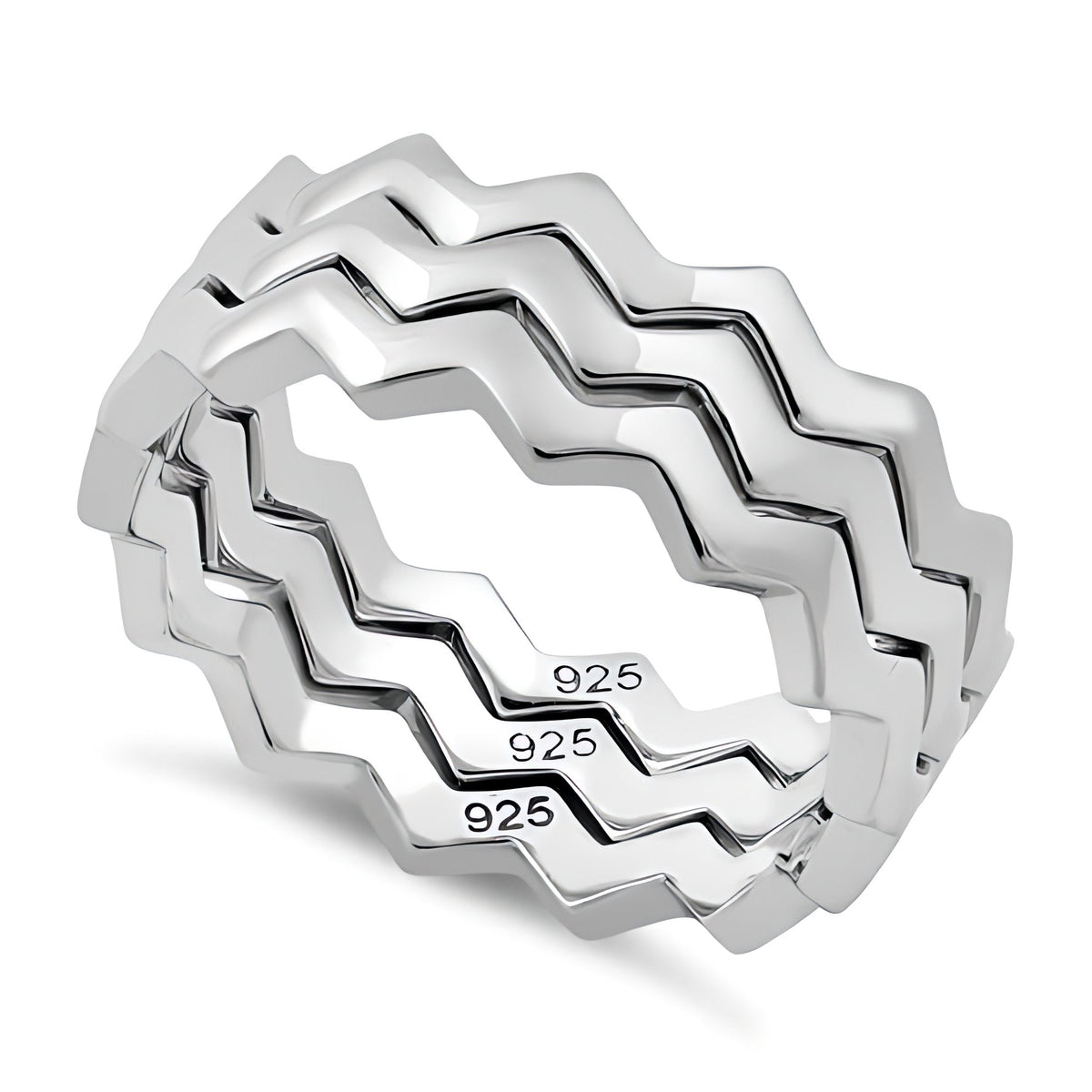 Sterling Silver Set of 3 Polished Zigzag Stacking Rings for Women