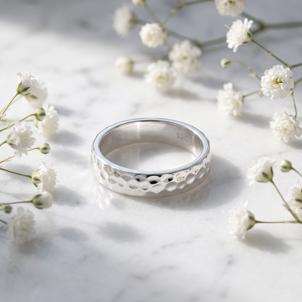 Sterling Silver 4.7mm Hammered Wedding Band Ring, Unisex life1
