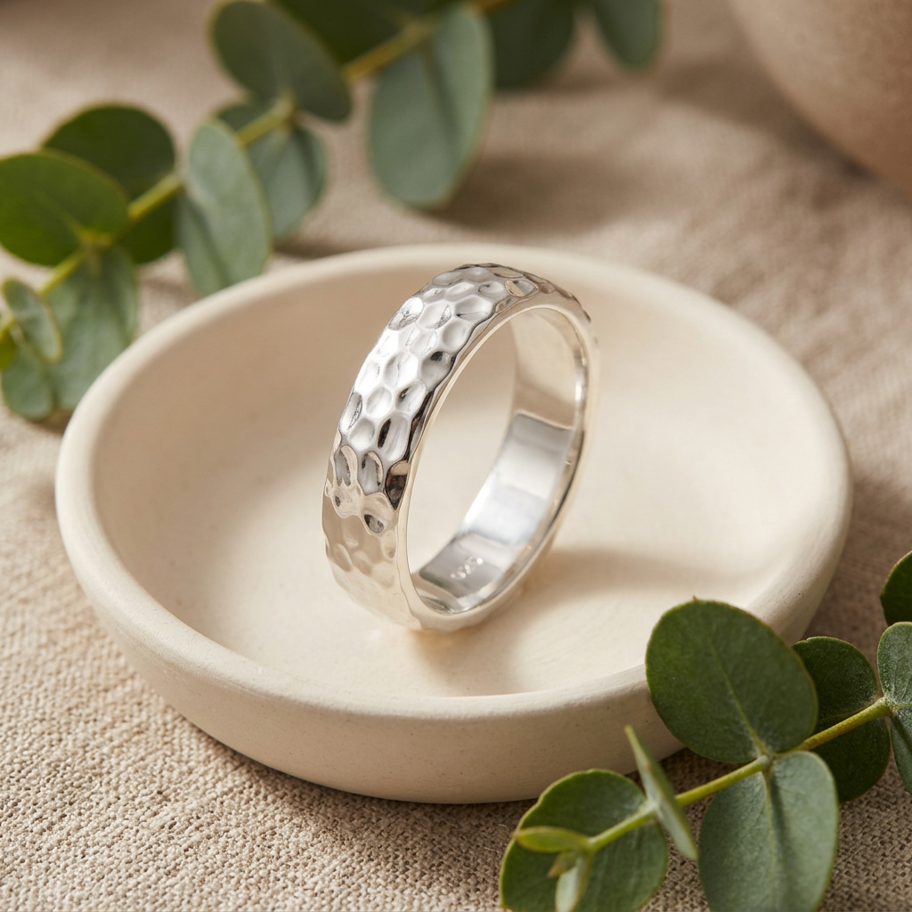 Sterling Silver 4.7mm Hammered Wedding Band Ring, Unisex life2