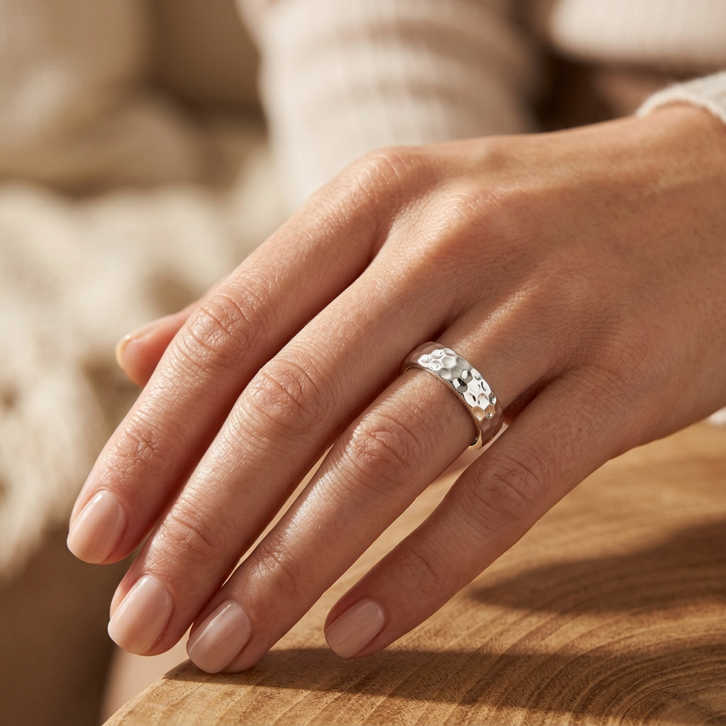Sterling Silver 4.7mm Hammered Wedding Band Ring, Unisex model