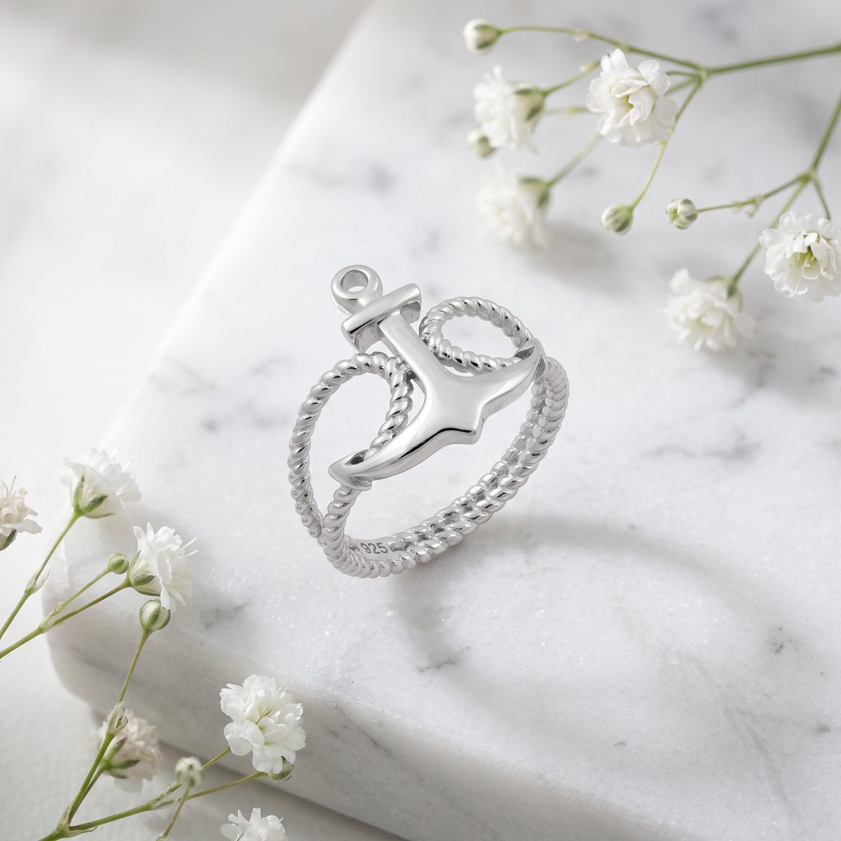 Sterling Silver Anchor and Rope Nautical Ring for Women life1