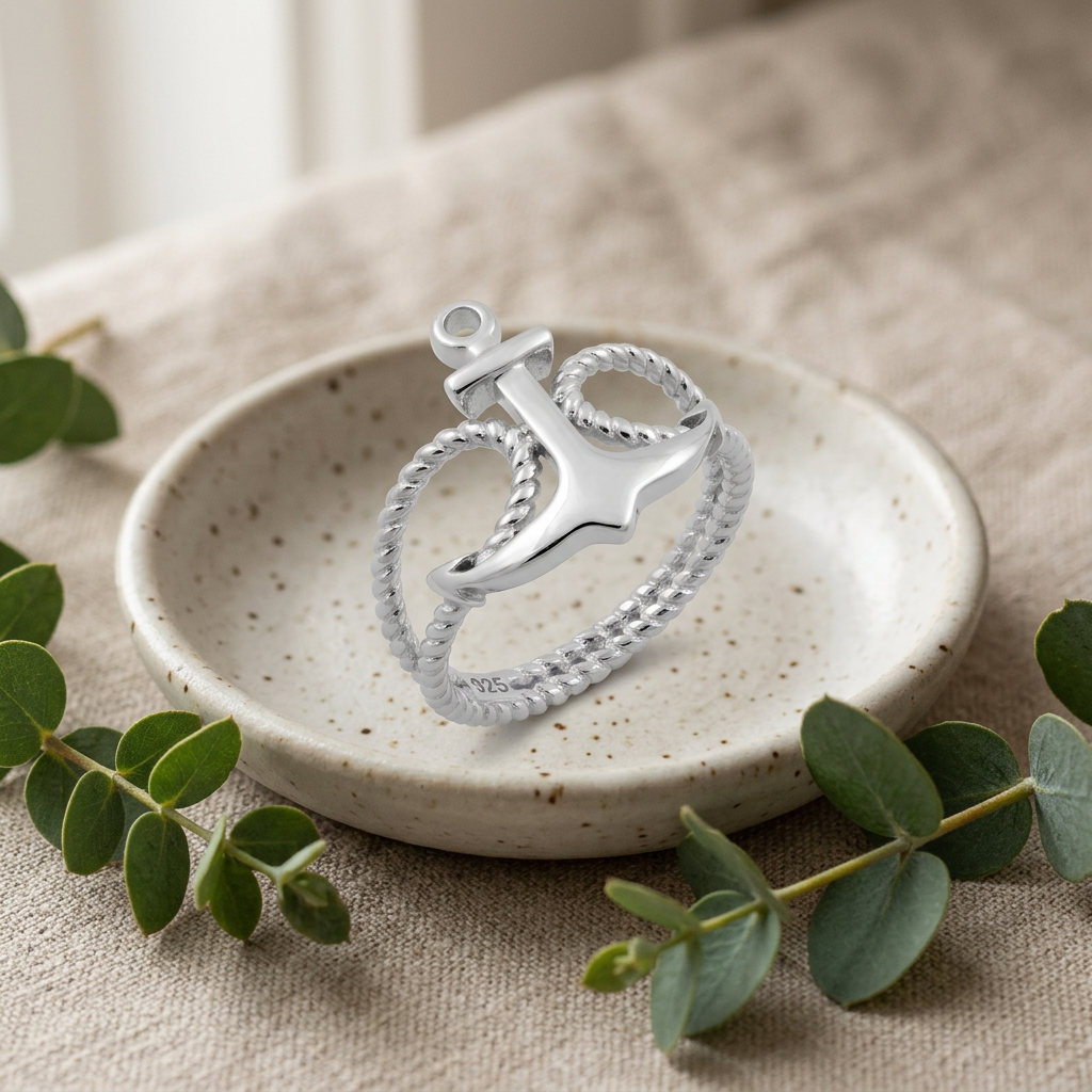 Sterling Silver Anchor and Rope Nautical Ring for Women life2