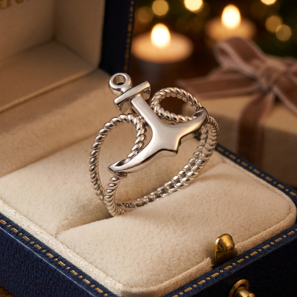 Sterling Silver Anchor and Rope Nautical Ring for Women life3