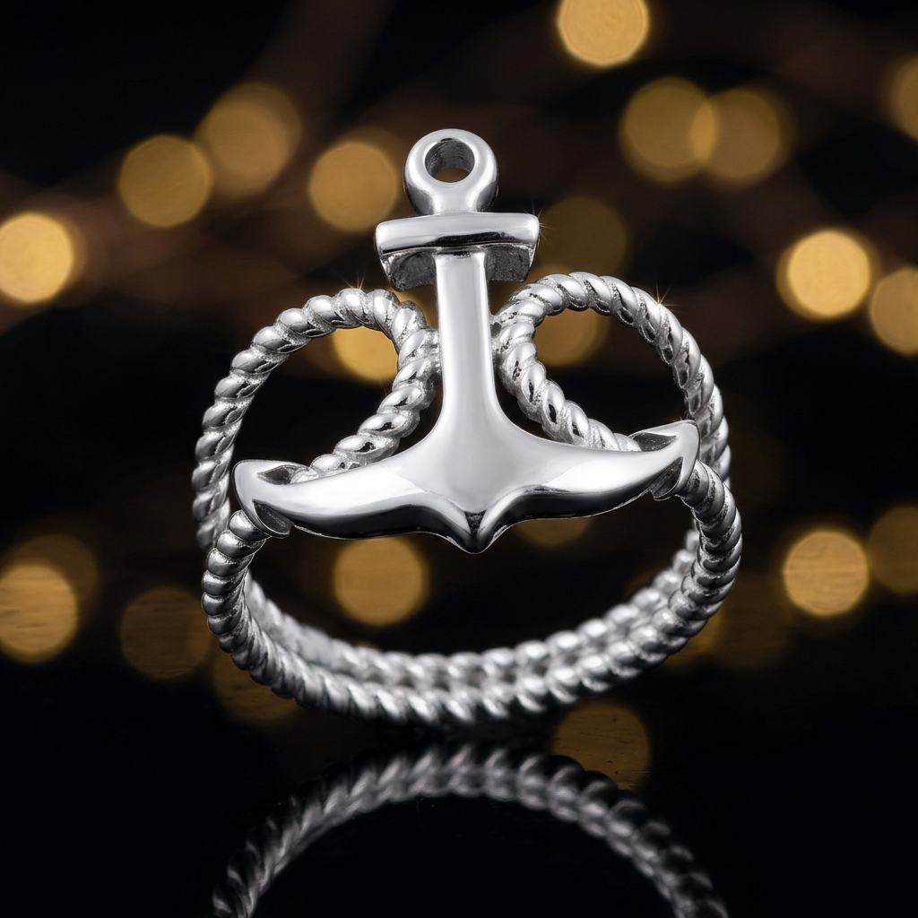 Sterling Silver Anchor and Rope Nautical Ring for Women life4