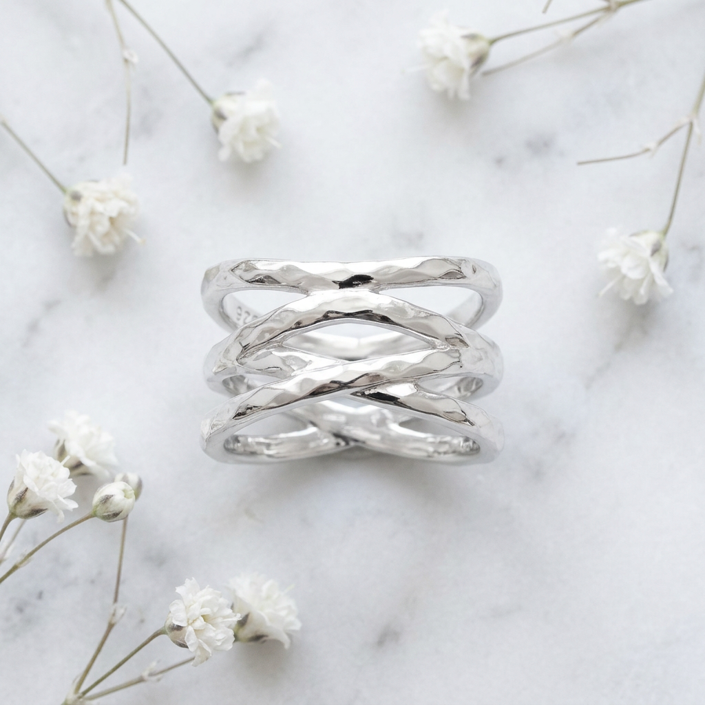 Sterling Silver 8.5mm Hammered Triple Wave Statement Ring for Women life1