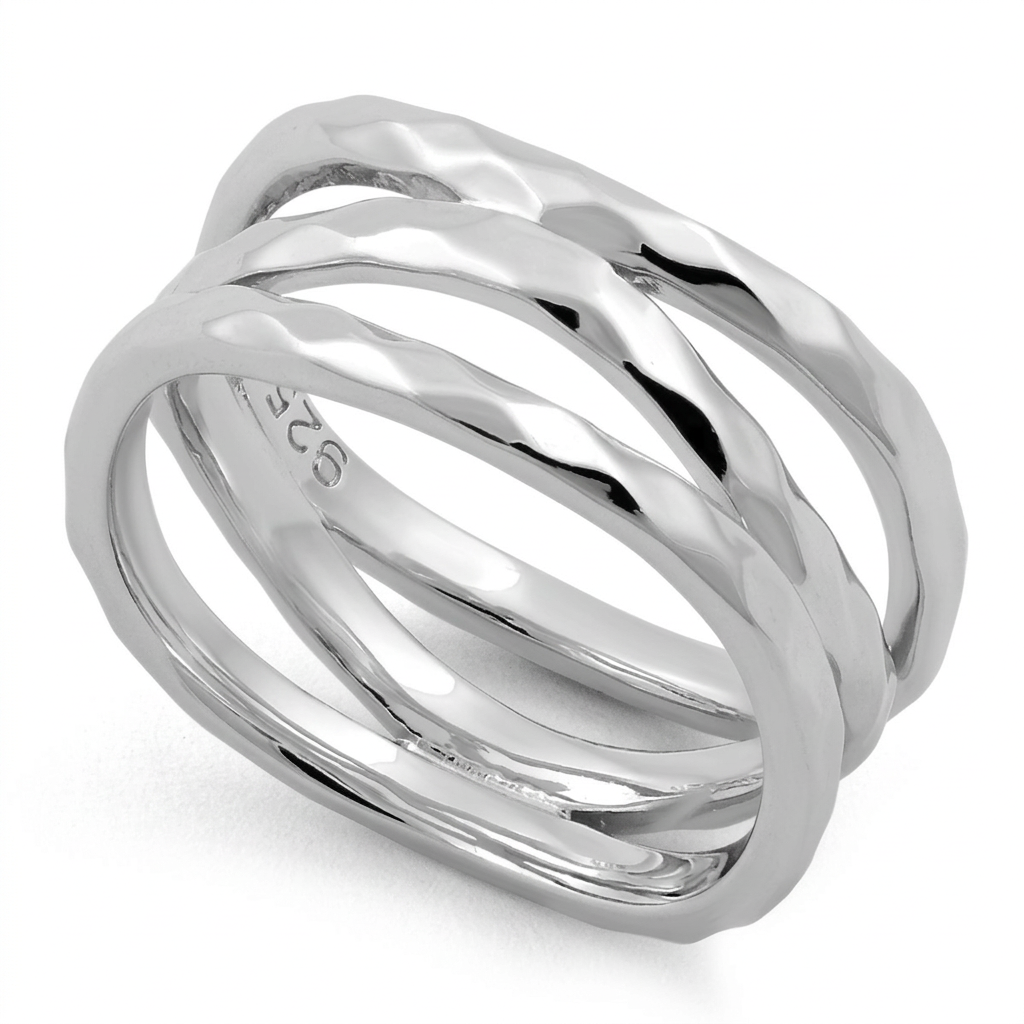 Sterling Silver 8.5mm Hammered Triple Wave Statement Ring for Women