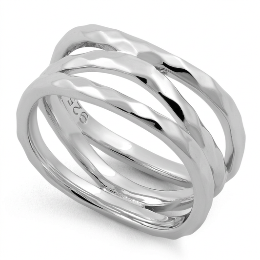 Sterling Silver 8.5mm Hammered Triple Wave Statement Ring for Women