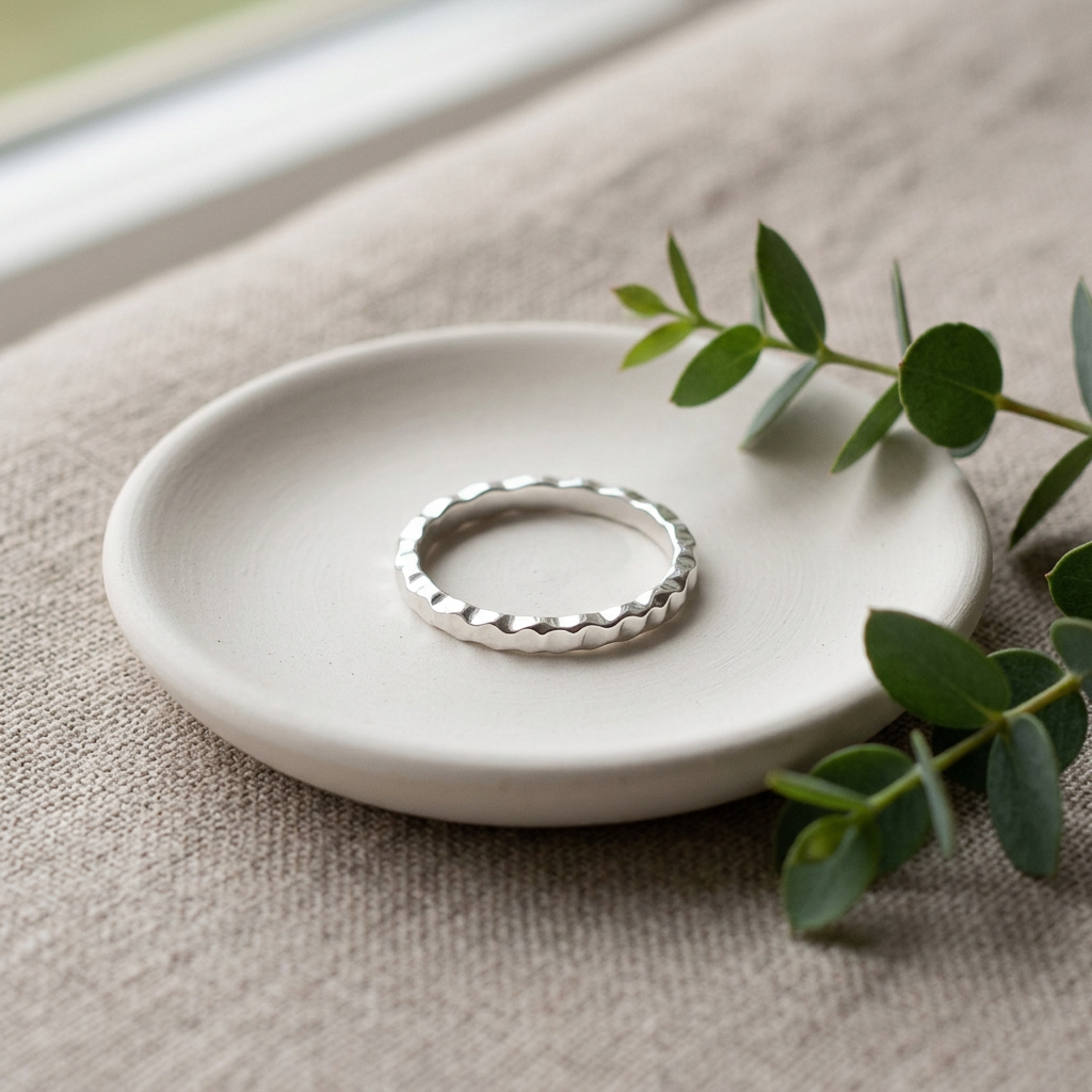 Sterling Silver 2.3mm Wavy Hammered Texture Stacking Band Ring for Women life2