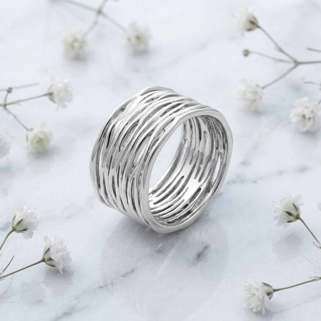 Sterling Silver Wide Crinkled Strand Statement Ring for Women life1