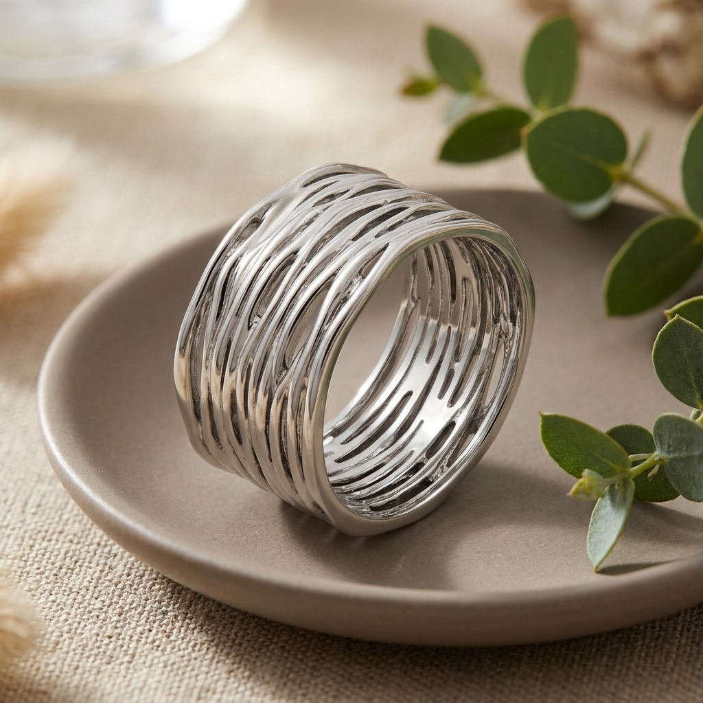 Sterling Silver Wide Crinkled Strand Statement Ring for Women life2