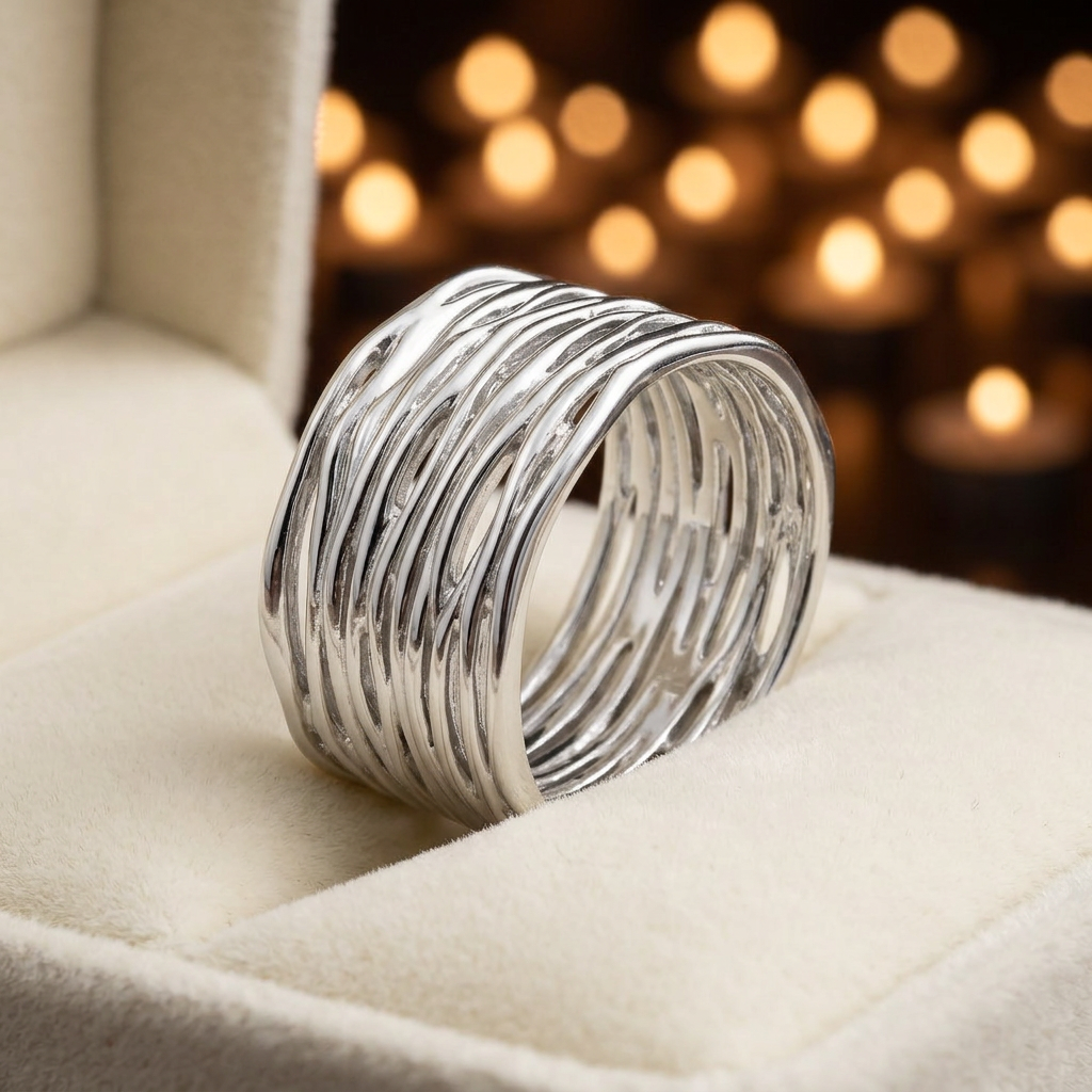 Sterling Silver Wide Crinkled Strand Statement Ring for Women life3
