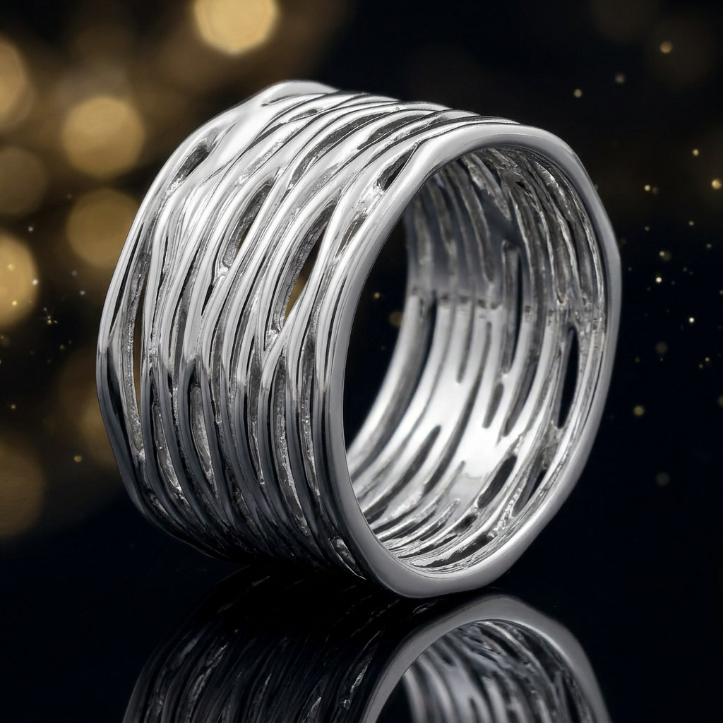 Sterling Silver Wide Crinkled Strand Statement Ring for Women life4