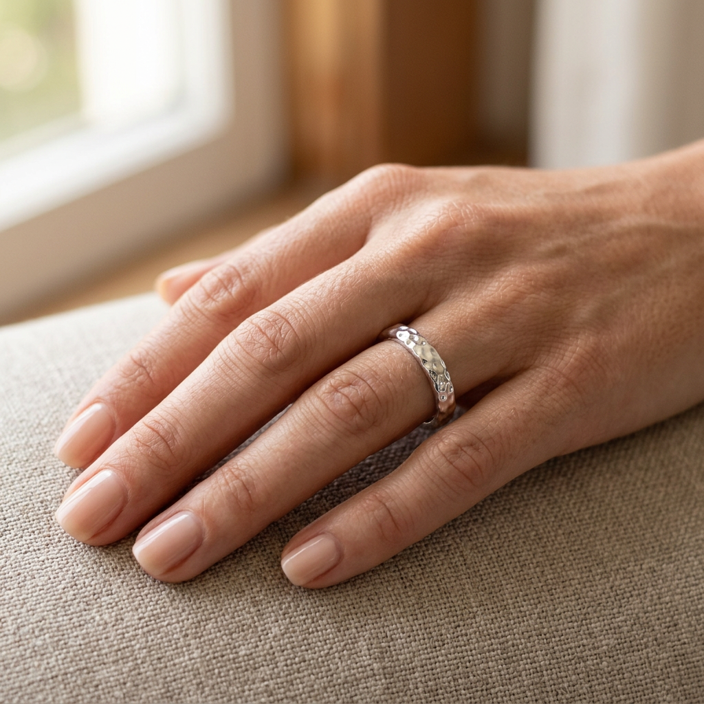 Sterling Silver 4mm Hammered Texture Stackable Band Ring for Women model