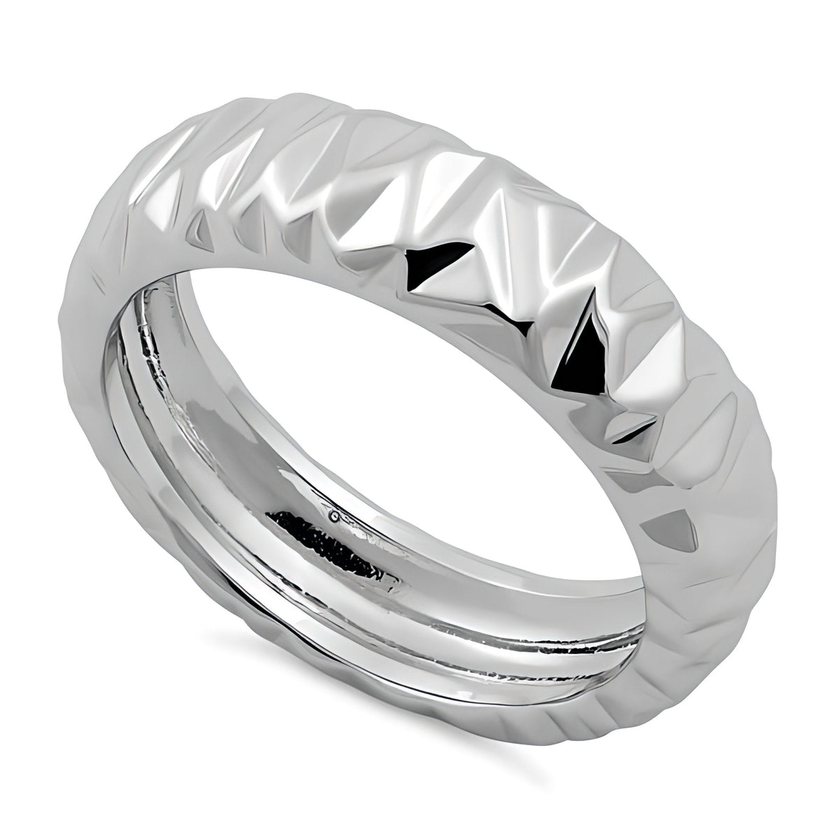 Sterling Silver 6.4mm Faceted Zigzag Diamond Cut Domed Band Ring for Women