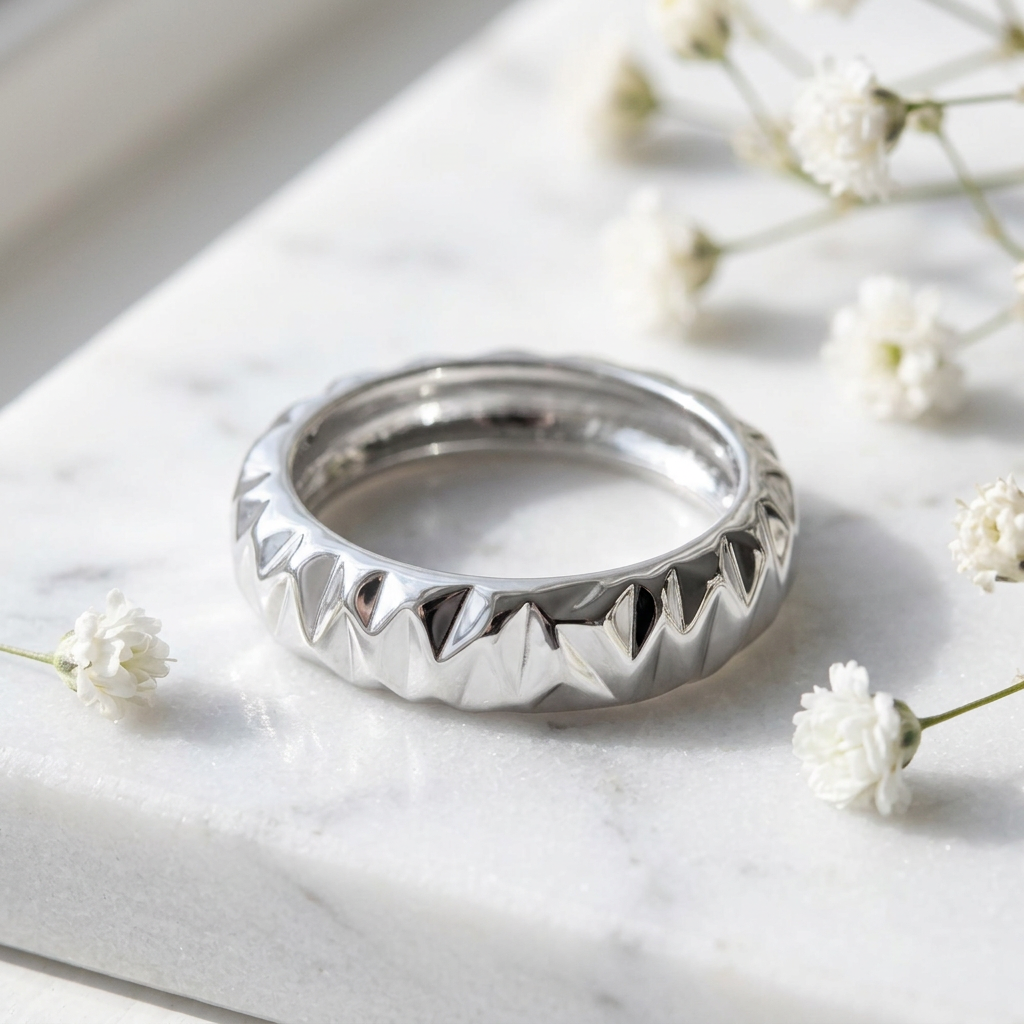 Sterling Silver 6.4mm Faceted Zigzag Diamond Cut Domed Band Ring for Women life1