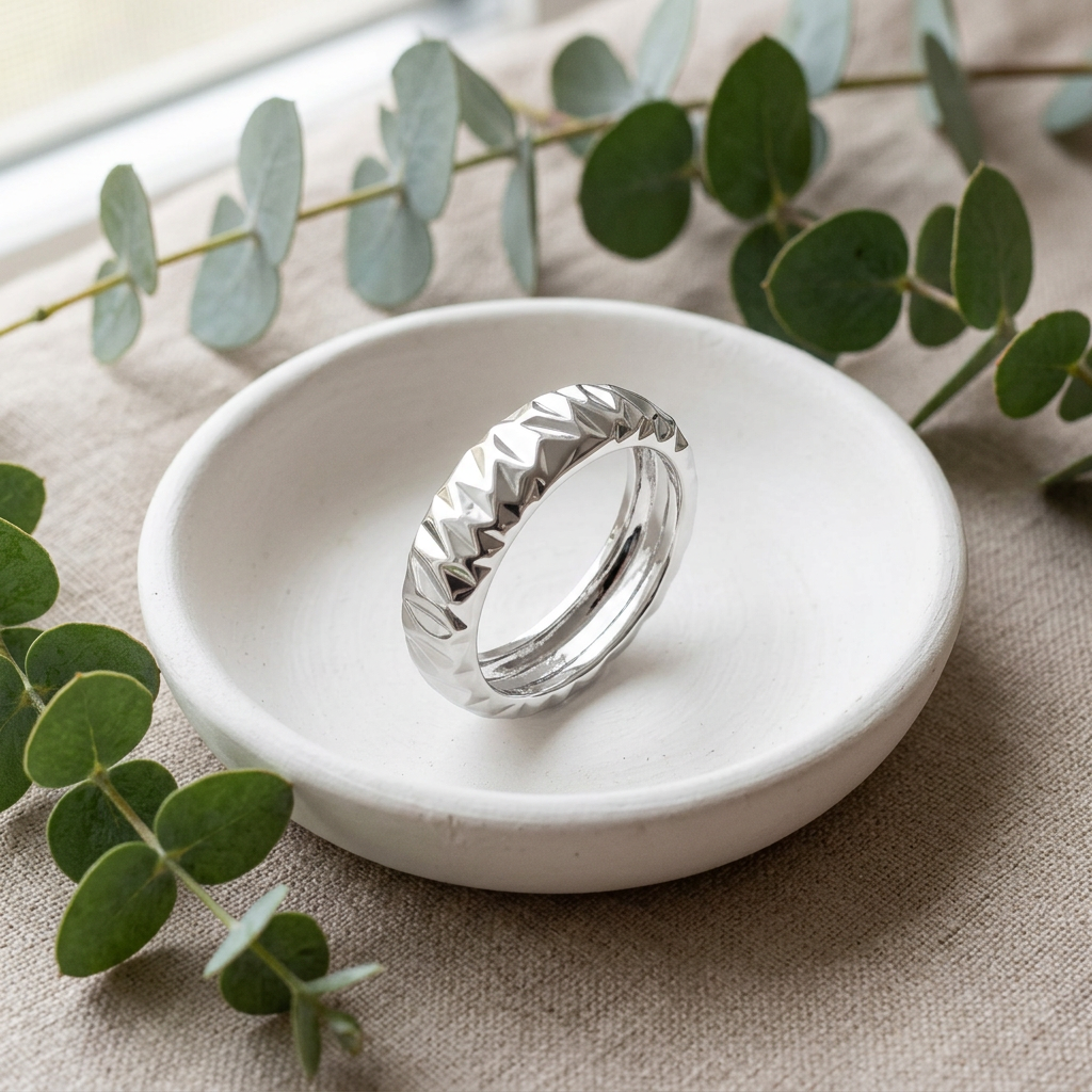 Sterling Silver 6.4mm Faceted Zigzag Diamond Cut Domed Band Ring for Women life2