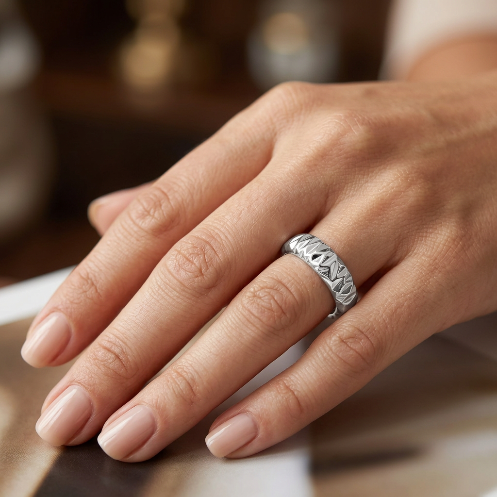 Sterling Silver 6.4mm Faceted Zigzag Diamond Cut Domed Band Ring for Women model