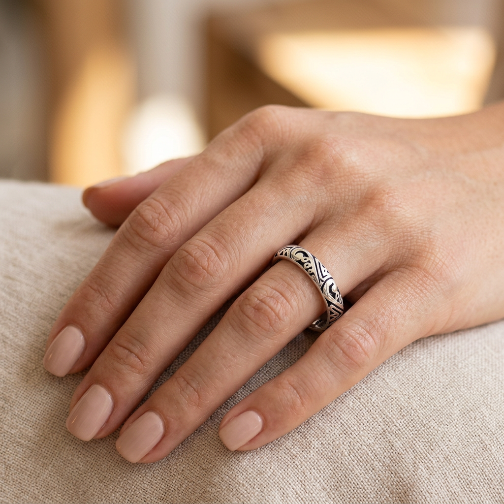 Sterling Silver 3.9mm Oxidized Tribal Scroll Eternity Band Ring for Women model