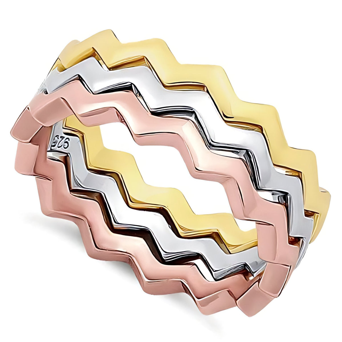 Sterling Silver 3mm Tri Color Zig Zag Stackable Ring Set of 3 for Women