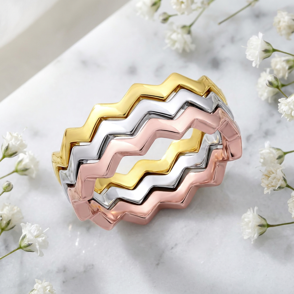 Sterling Silver 3mm Tri Color Zig Zag Stackable Ring Set of 3 for Women life1