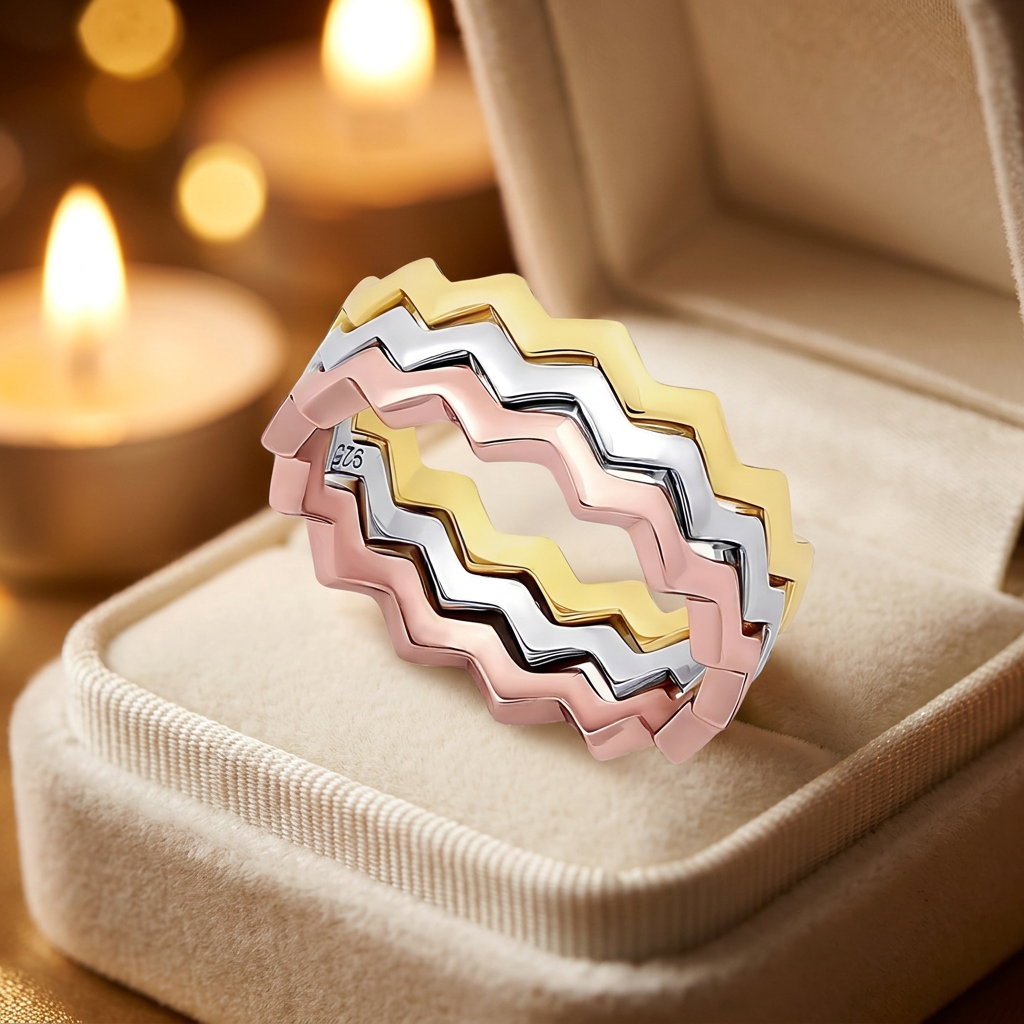 Sterling Silver 3mm Tri Color Zig Zag Stackable Ring Set of 3 for Women life3