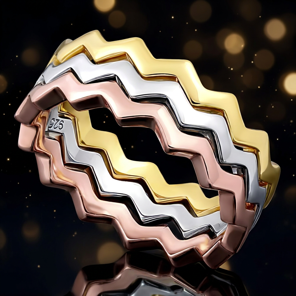 Sterling Silver 3mm Tri Color Zig Zag Stackable Ring Set of 3 for Women life4