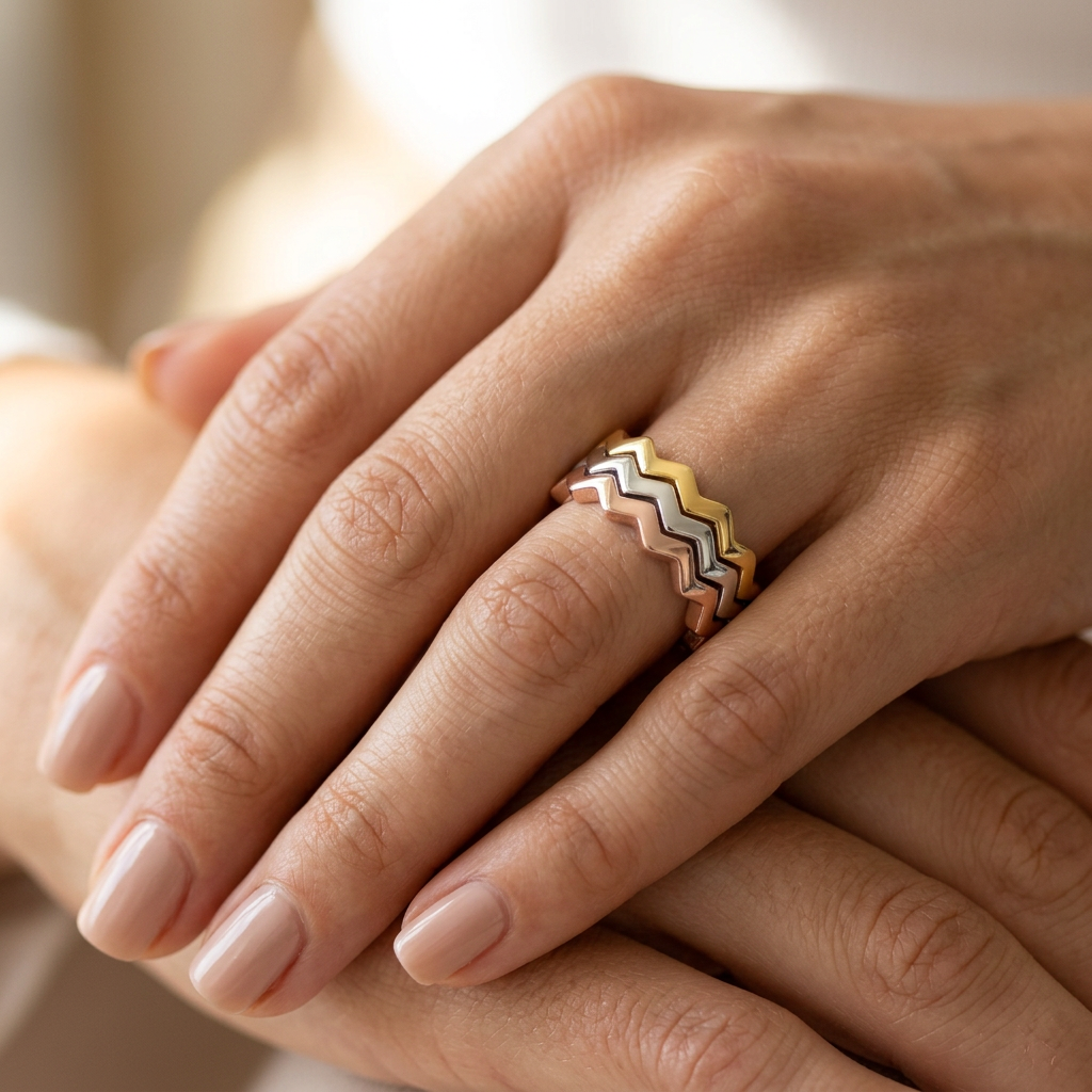 Sterling Silver 3mm Tri Color Zig Zag Stackable Ring Set of 3 for Women model