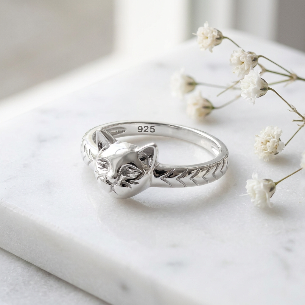 Sterling Silver 2.6mm Cat Face Chevron Etched Band Ring for Women life1