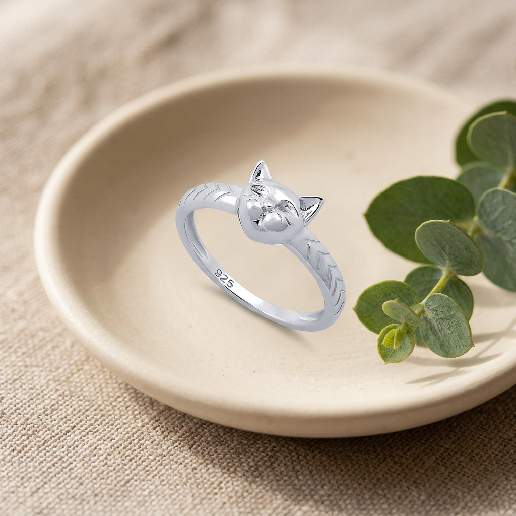 Sterling Silver 2.6mm Cat Face Chevron Etched Band Ring for Women life2