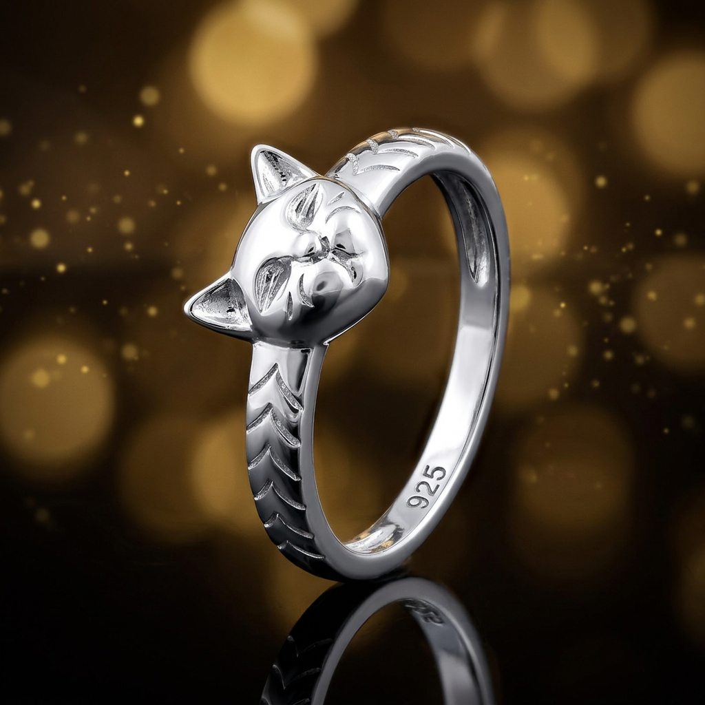 Sterling Silver 2.6mm Cat Face Chevron Etched Band Ring for Women life4