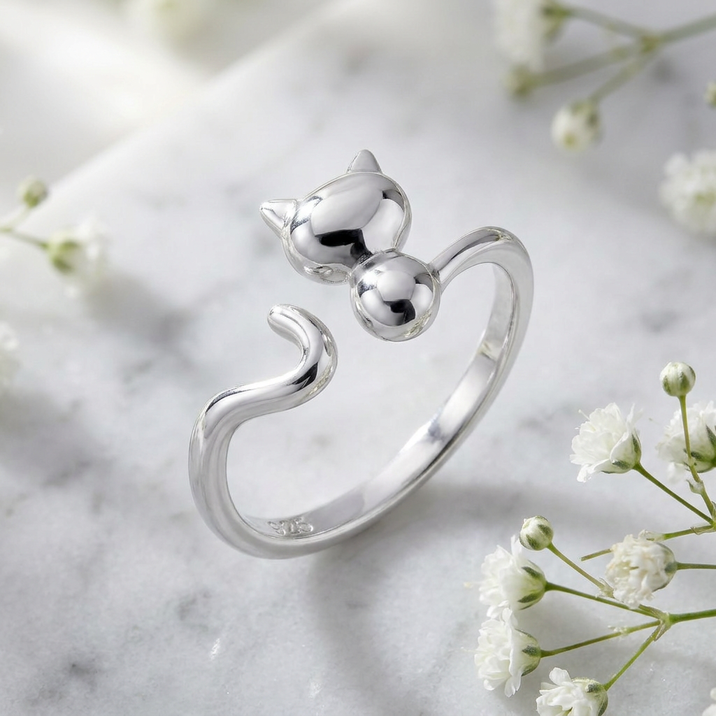 Sterling Silver Cat and Tail Bypass Ring for Women life1