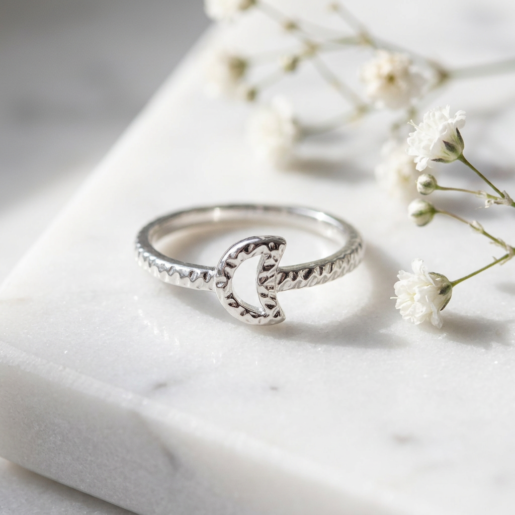 Sterling Silver Hammered Open Crescent Moon Stacking Ring for Women life1