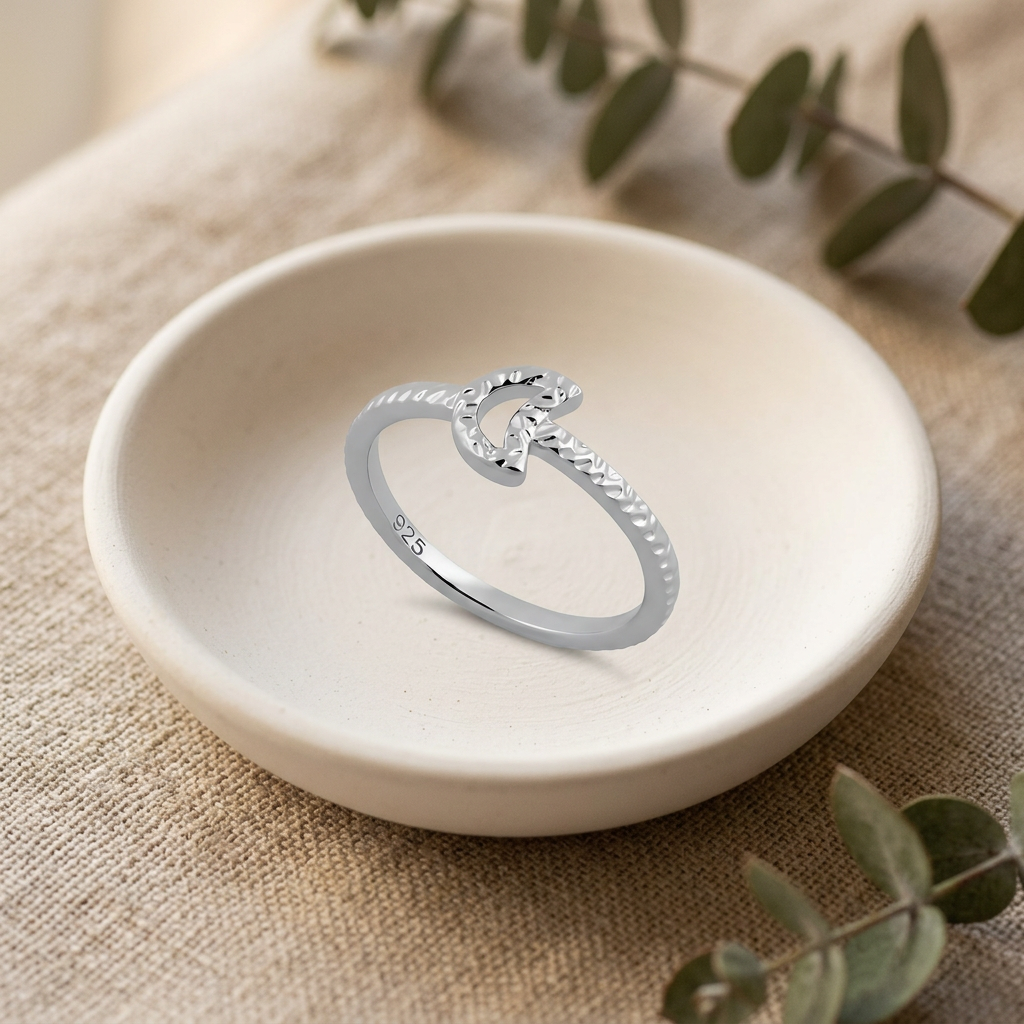 Sterling Silver Hammered Open Crescent Moon Stacking Ring for Women life2