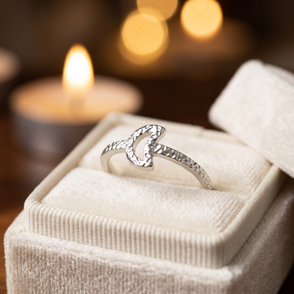 Sterling Silver Hammered Open Crescent Moon Stacking Ring for Women life3