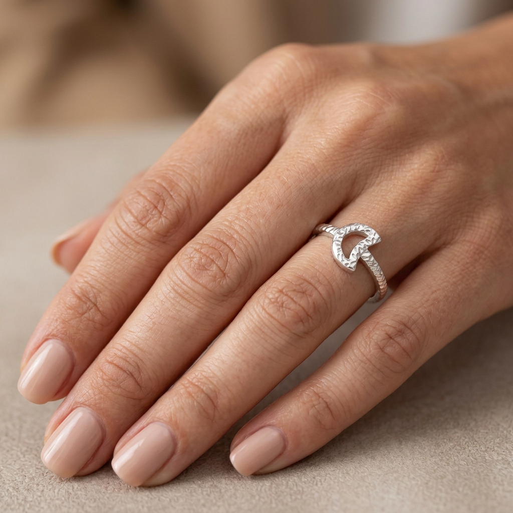 Sterling Silver Hammered Open Crescent Moon Stacking Ring for Women model