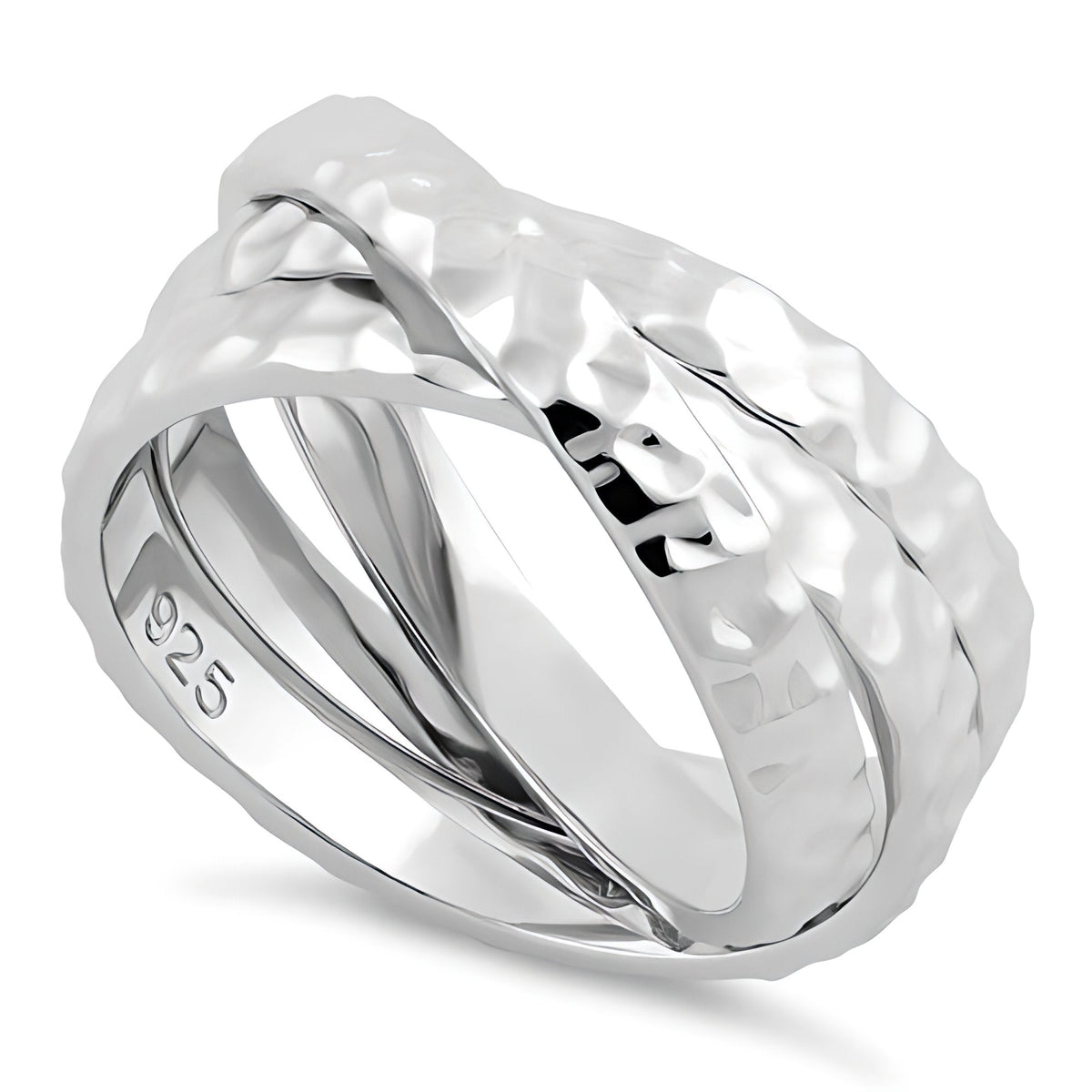 Sterling Silver 9.5mm Hammered Triple Rolling Interlocking Band Ring for Women