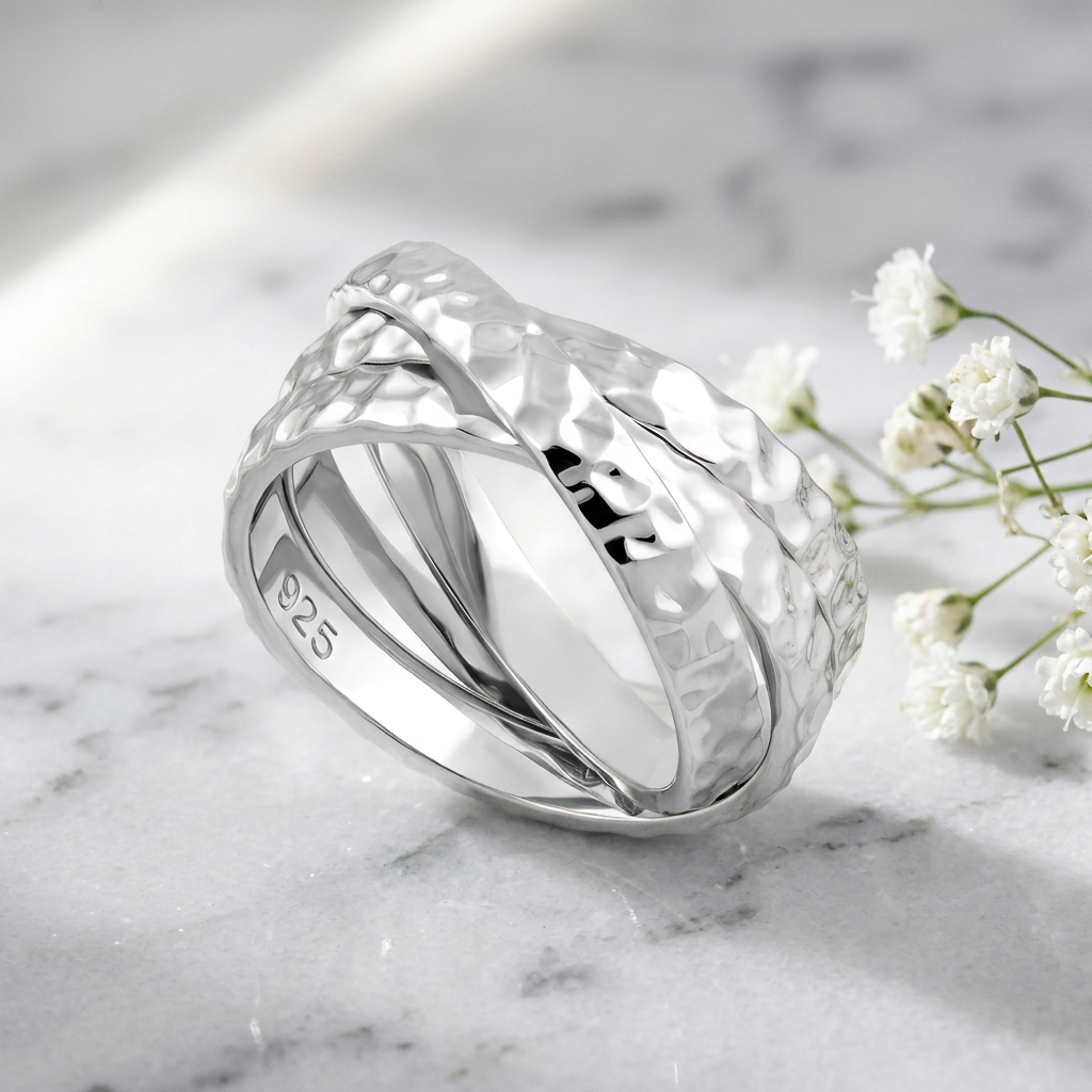 Sterling Silver 9.5mm Hammered Triple Rolling Interlocking Band Ring for Women life1