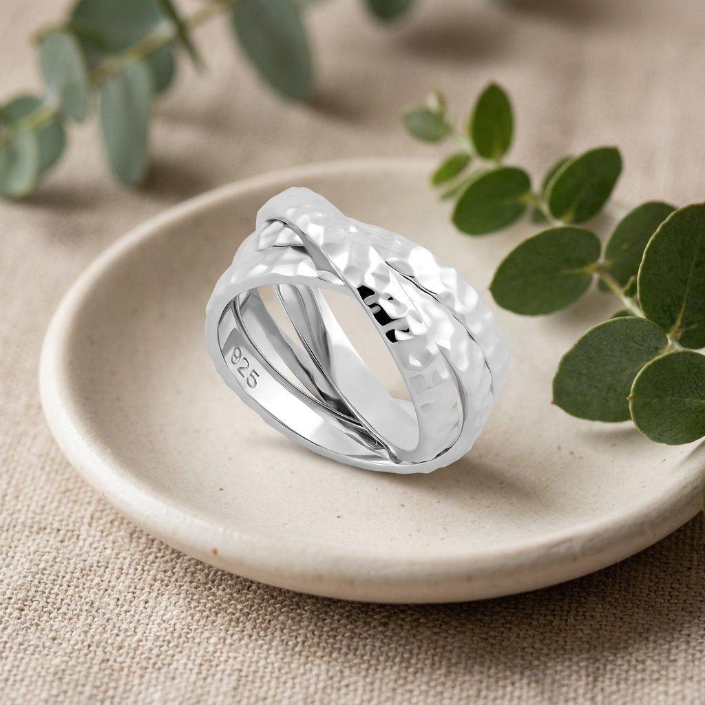 Sterling Silver 9.5mm Hammered Triple Rolling Interlocking Band Ring for Women life2