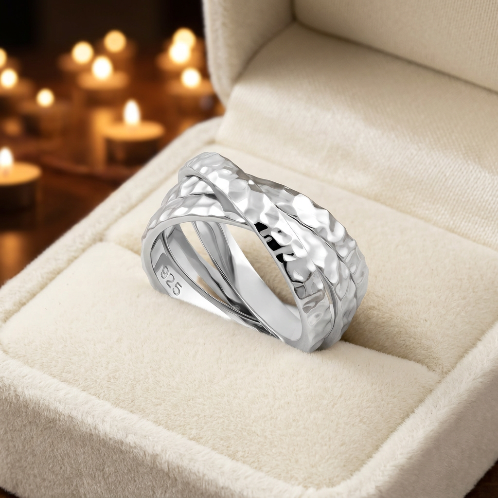 Sterling Silver 9.5mm Hammered Triple Rolling Interlocking Band Ring for Women life3