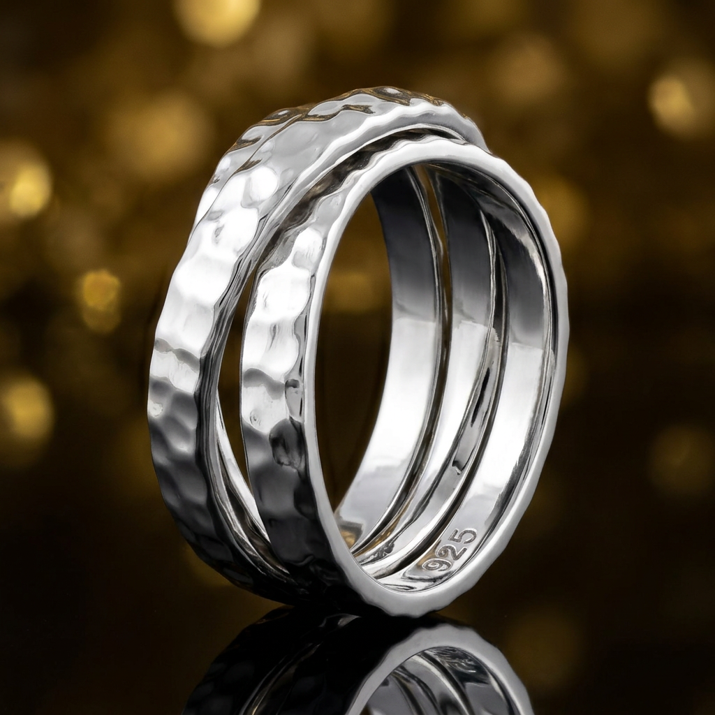 Sterling Silver 9.5mm Hammered Triple Rolling Interlocking Band Ring for Women life4