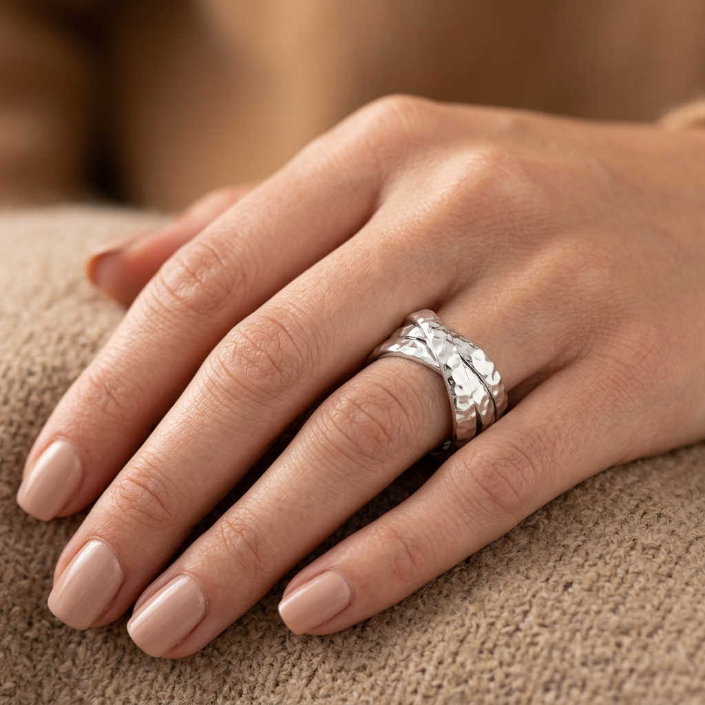 Sterling Silver 9.5mm Hammered Triple Rolling Interlocking Band Ring for Women model