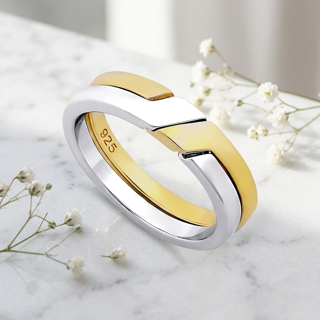 Gold Plated Sterling Silver 4.5mm Two Tone Puzzle Band Ring for Women life1