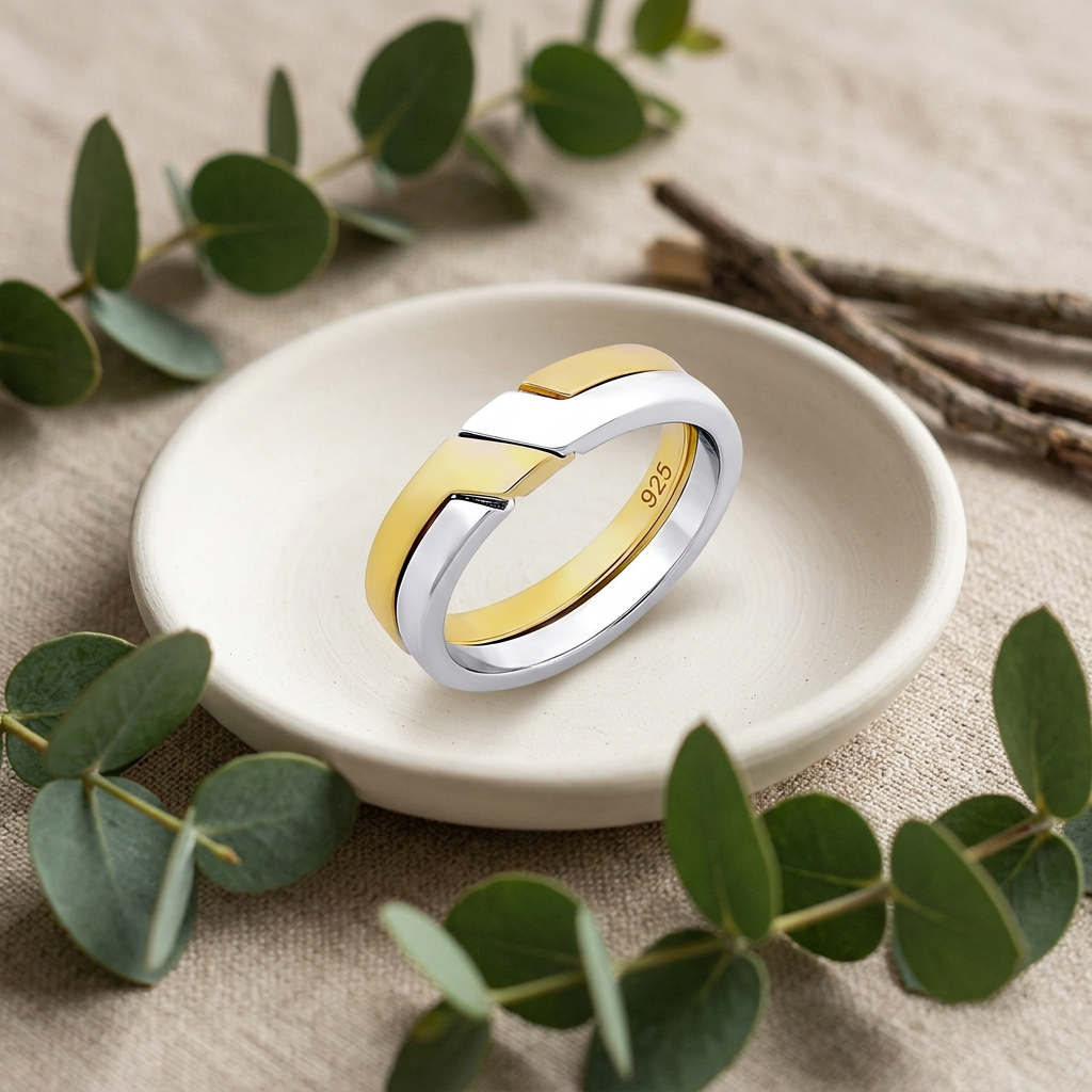 Gold Plated Sterling Silver 4.5mm Two Tone Puzzle Band Ring for Women life2